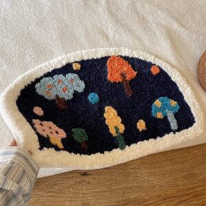 Whimsical Night Forest Semi-Circle Rug | Colorful Tree Mushroom Plush Mat 50x80cm | Cottagecore Bedroom Decor