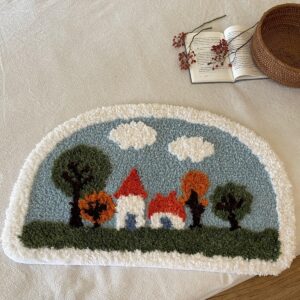 Pastoral Cottagecore Semi-Circle Rug | Sky Blue Castle Tree Plush Bath Mat 50x80cm