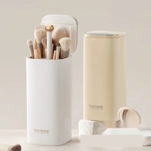 Press Open Makeup Brush Holder, Dustproof Cosmetic Organizer with Lid, One Hand Vanity Storage